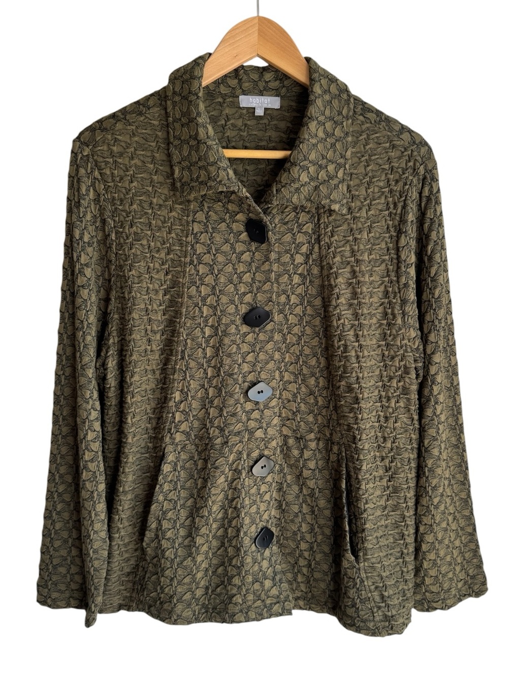 Habitat Stretchy Textured Button Up Shirt Jacket Sz L Green Scrunch Relaxed Fit